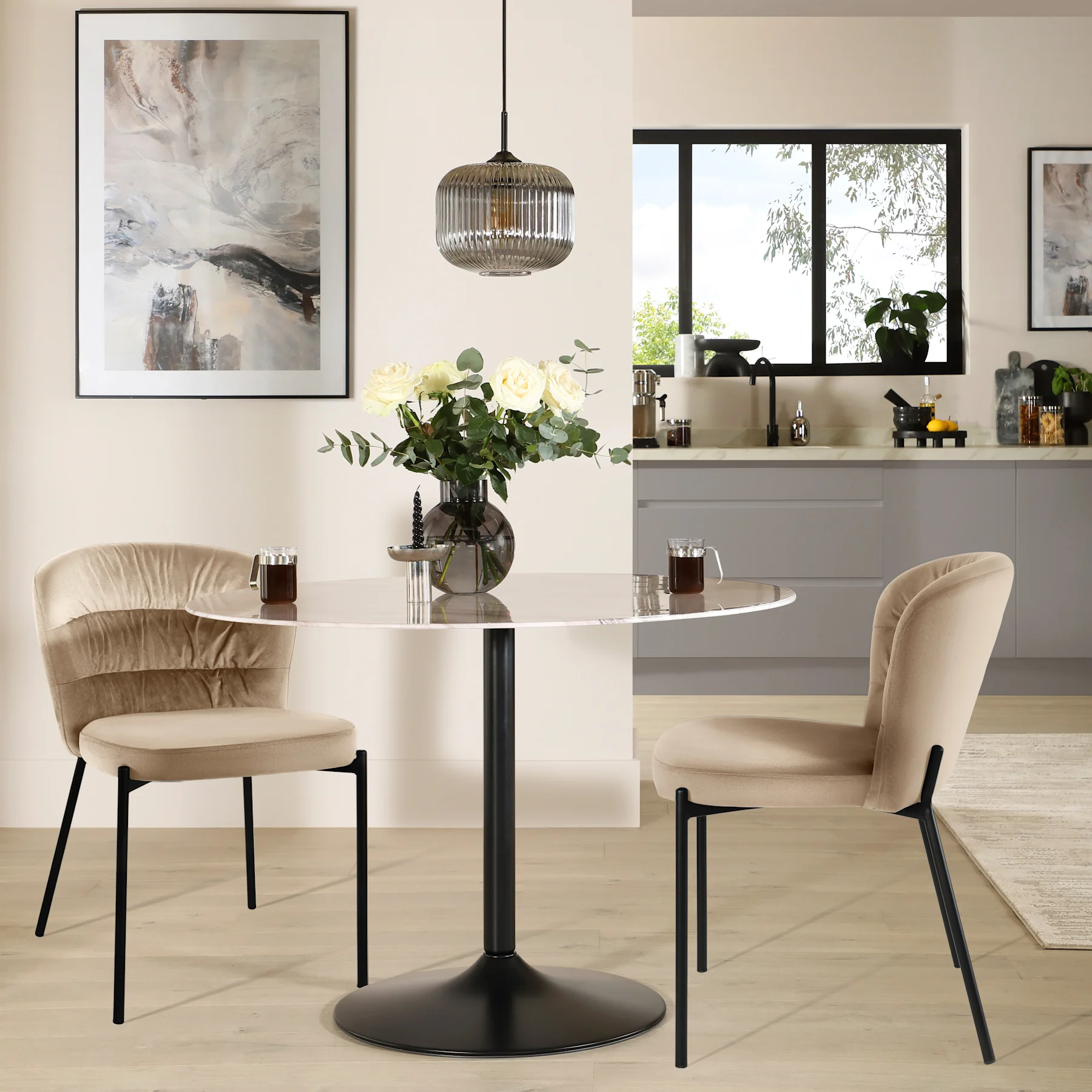 Orbit Round Dining Table & 2 Gianna Chairs, Grey Marble Effect & Black Steel, Champagne Classic Velvet, 110cm