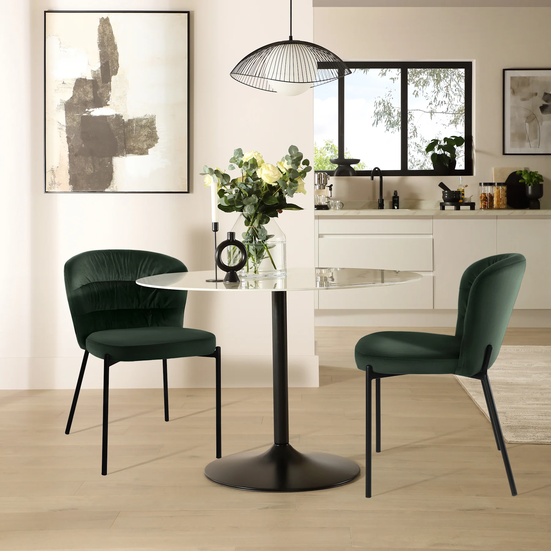 Orbit Round Dining Table & 2 Gianna Chairs, White Marble Effect & Black Steel, Moss Green Classic Velvet, 110cm