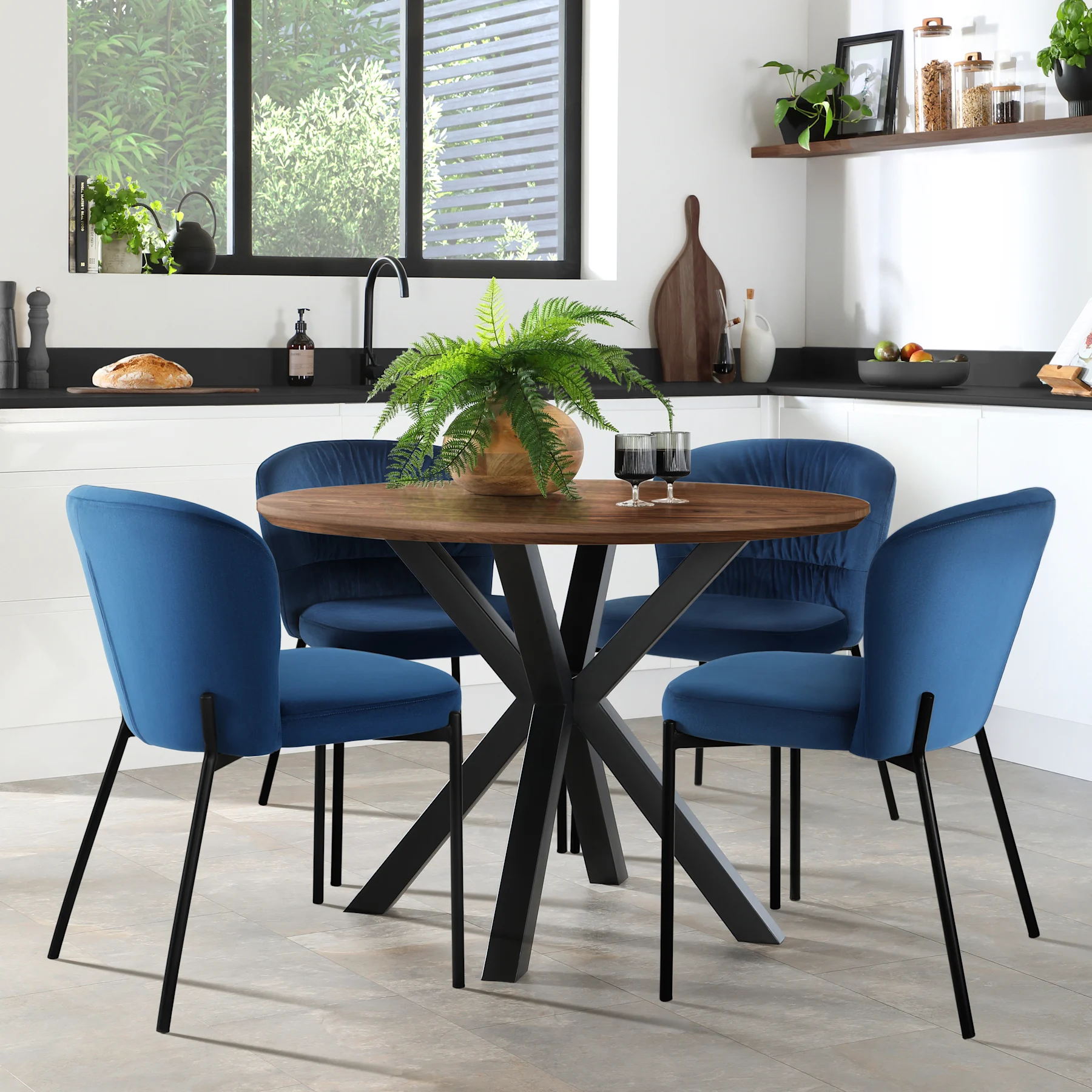 Newark Round Industrial Dining Table & 2 Gianna Chairs, Walnut Effect & Black Steel, Blue Classic Velvet, 110cm