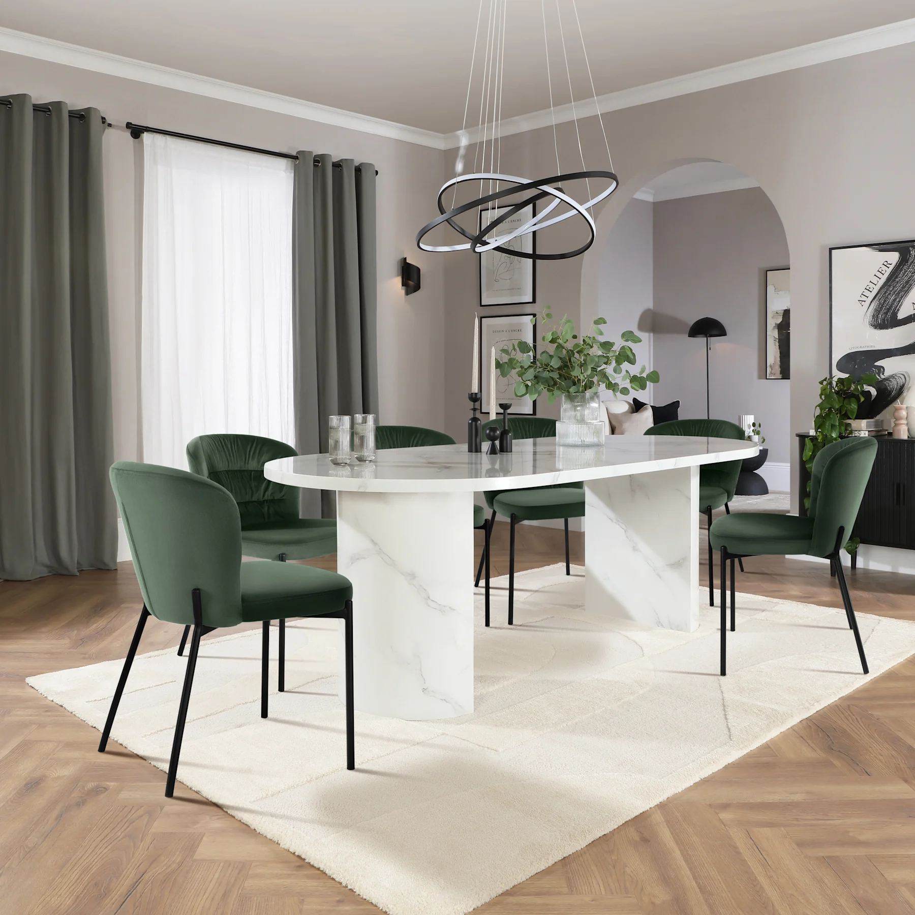 Genoa Oval Dining Table & 4 Gianna Chairs, White Marble Effect, Moss Green Classic Velvet & Black Steel, 220cm