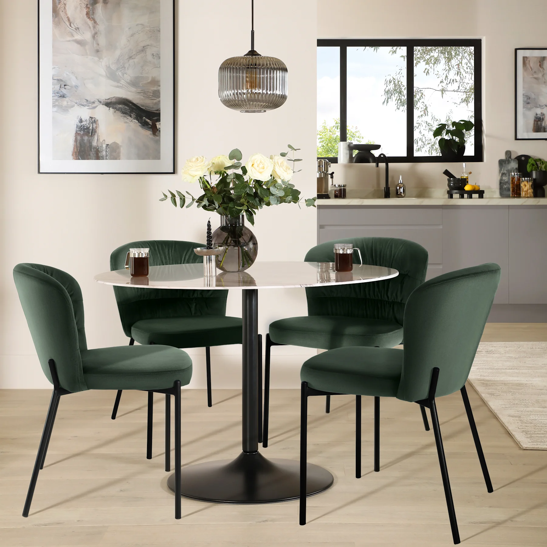 Orbit Round Dining Table & 4 Gianna Chairs, Grey Marble Effect & Black Steel, Moss Green Classic Velvet, 110cm