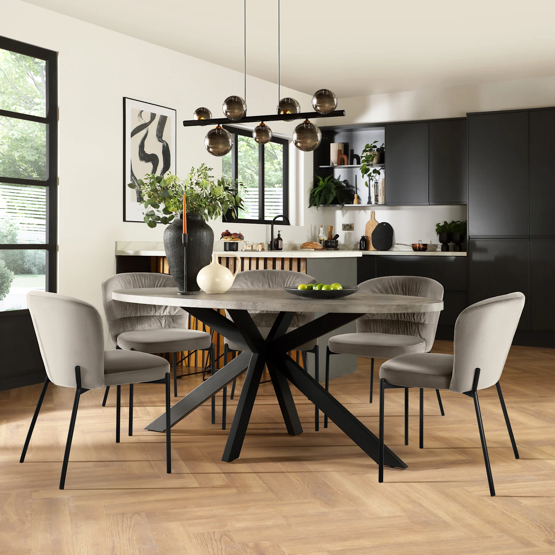 Madison Oval Industrial Dining Table & 4 Gianna Chairs, Grey Concrete Effect & Black Steel, Grey Classic Velvet, 180cm
