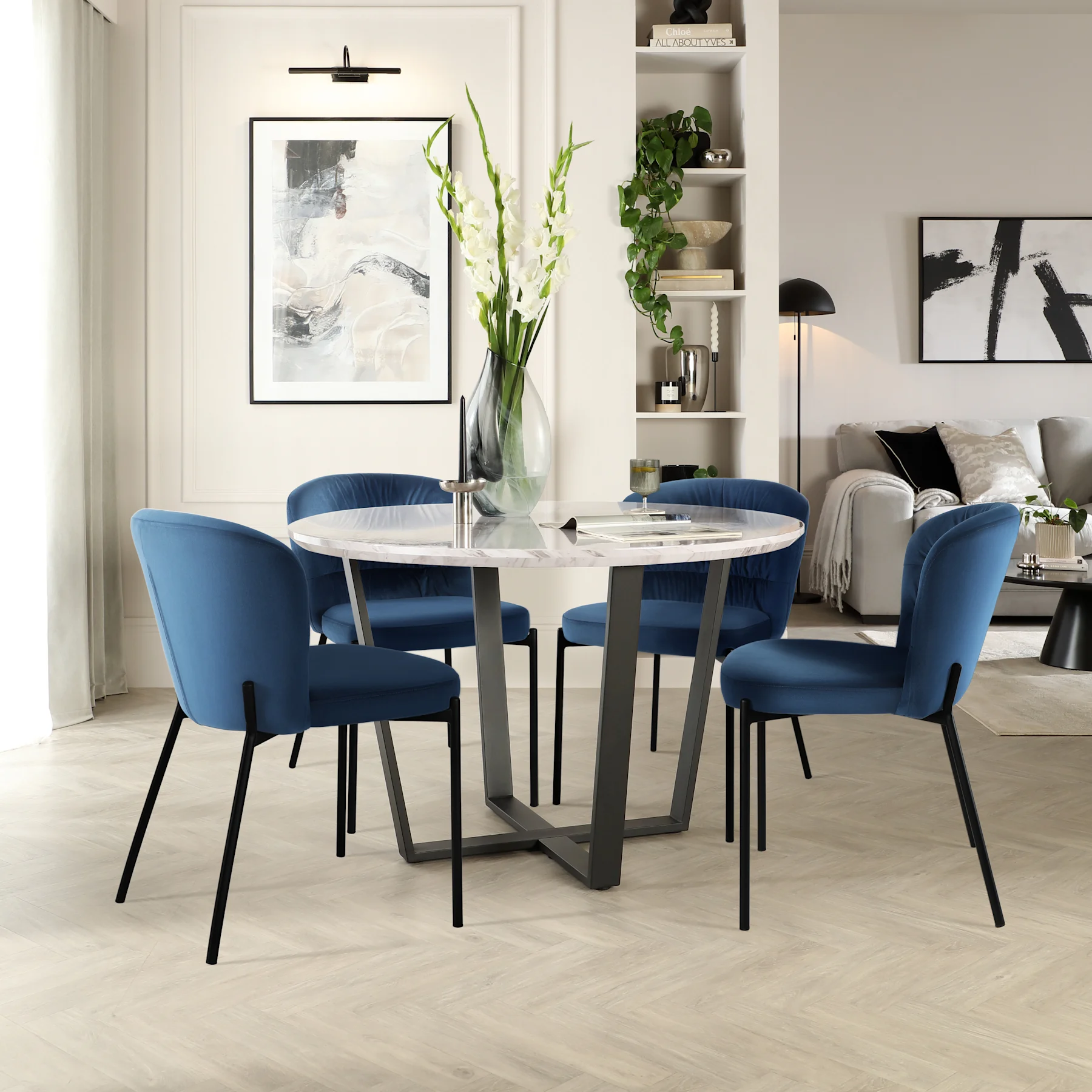 Traviso Round Dining Table & 2 Gianna Chairs, Grey Marble Effect & Black Steel, Blue Classic Velvet, 120cm
