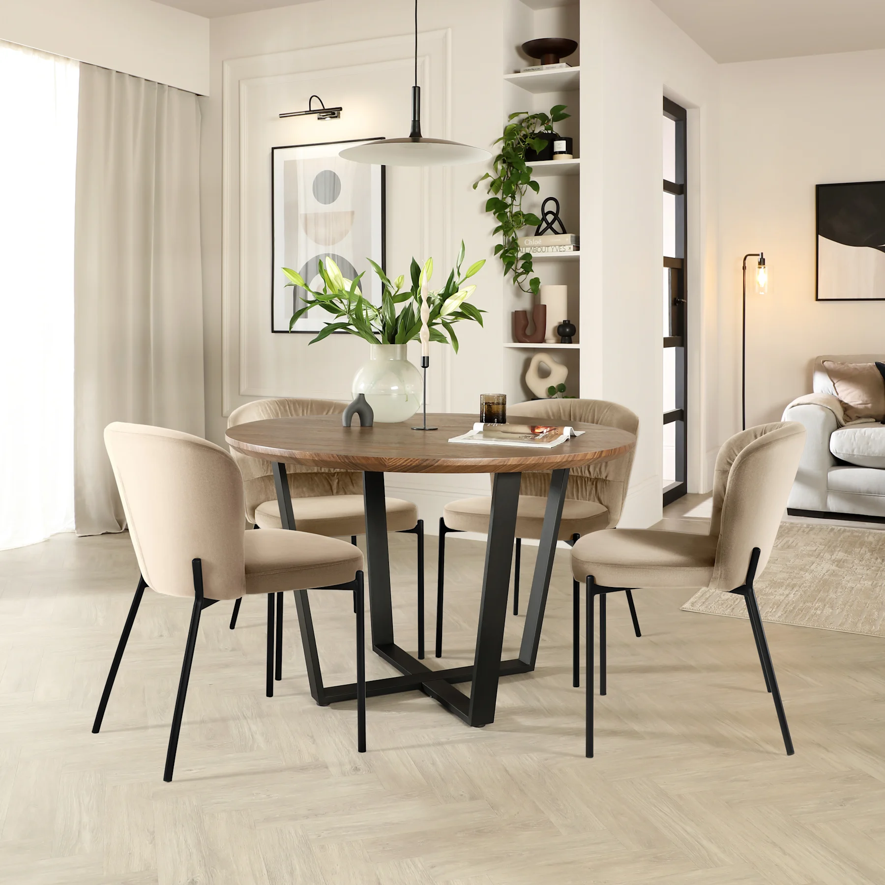 Traviso Round Dining Table & 4 Gianna Chairs, Walnut Effect & Black Steel, Champagne Classic Velvet, 120cm