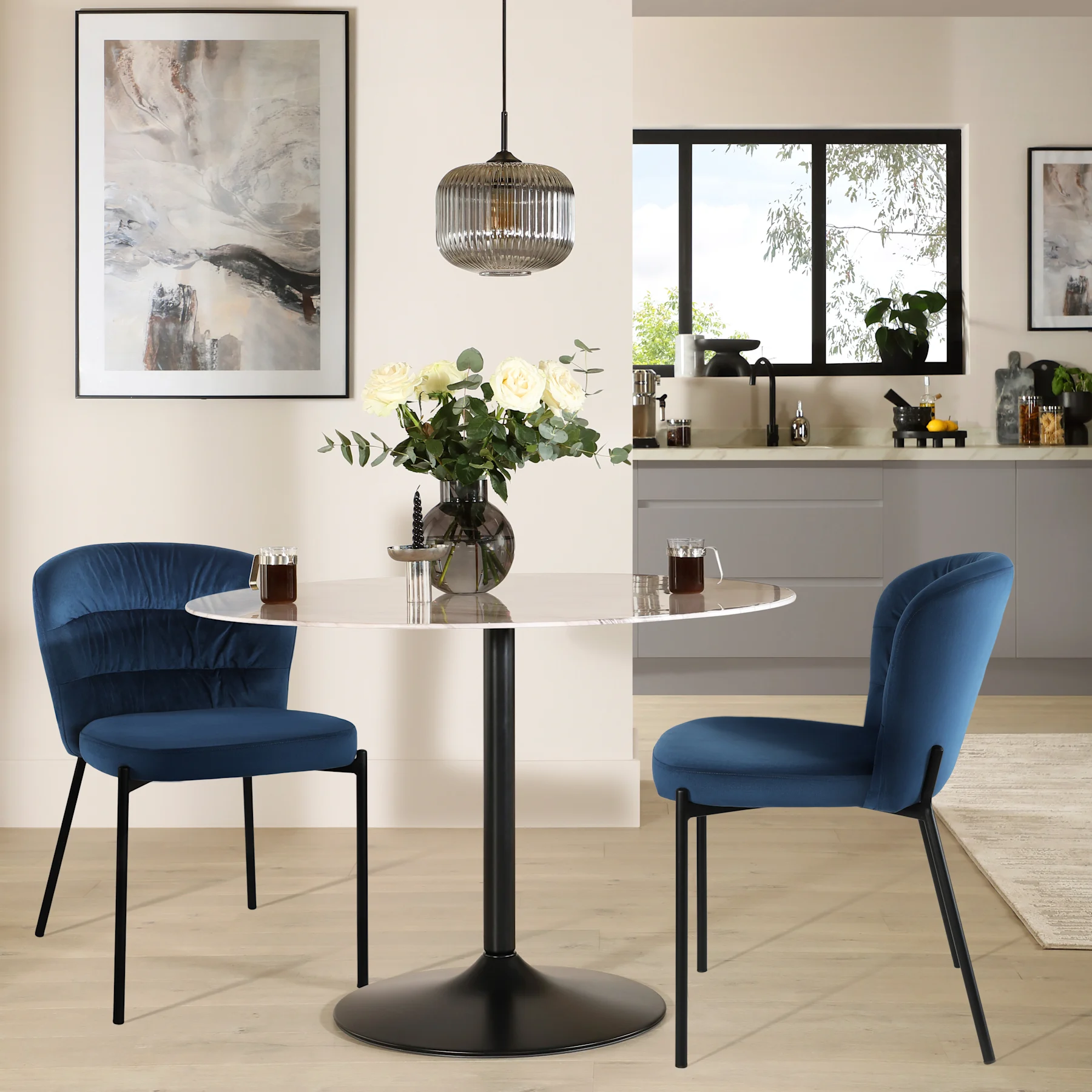 Orbit Round Dining Table & 2 Gianna Chairs, Grey Marble Effect & Black Steel, Blue Classic Velvet, 110cm