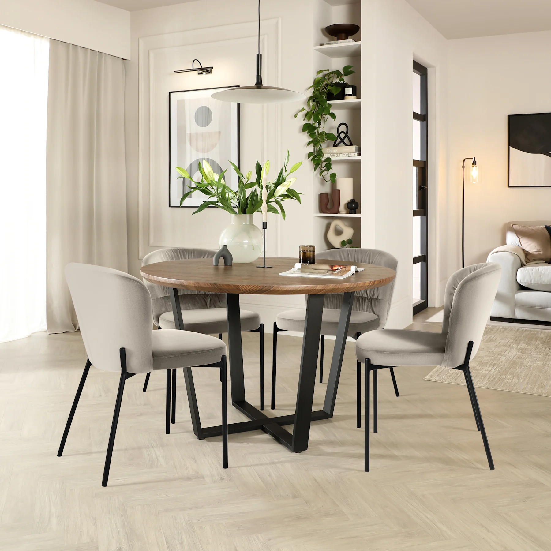 Traviso Round Dining Table & 2 Gianna Chairs, Walnut Effect & Black Steel, Grey Classic Velvet, 120cm