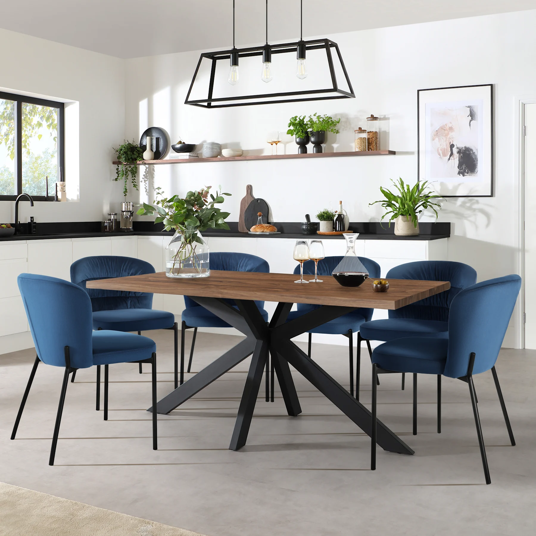 Madison Industrial Dining Table & 4 Gianna Chairs, Walnut Effect & Black Steel, Blue Classic Velvet, 160cm