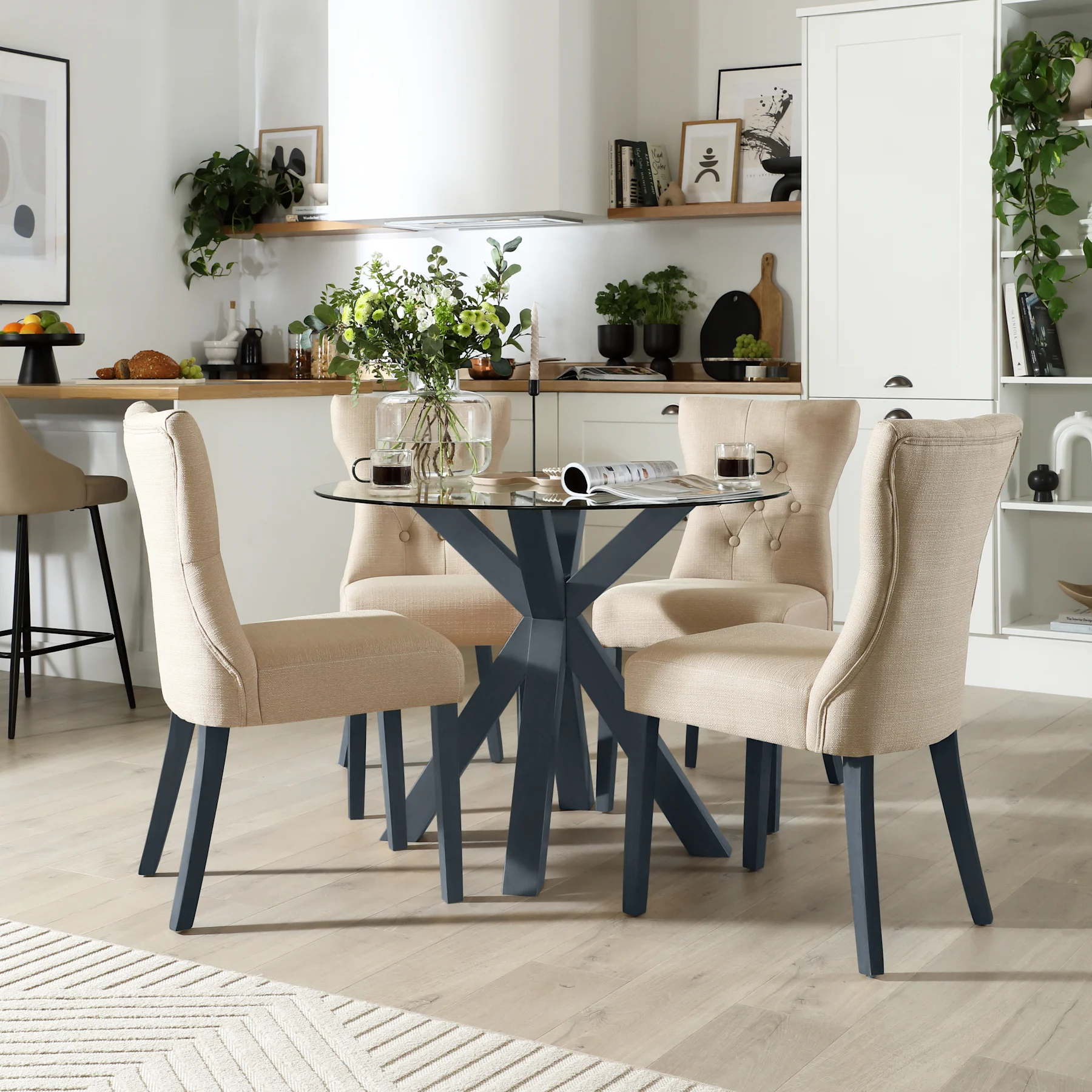 Hatton Round Dining Table & 2 Bewley Chairs, Glass & Slate Blue Solid Hardwood, Oatmeal Classic Linen-Weave Fabric, 100cm