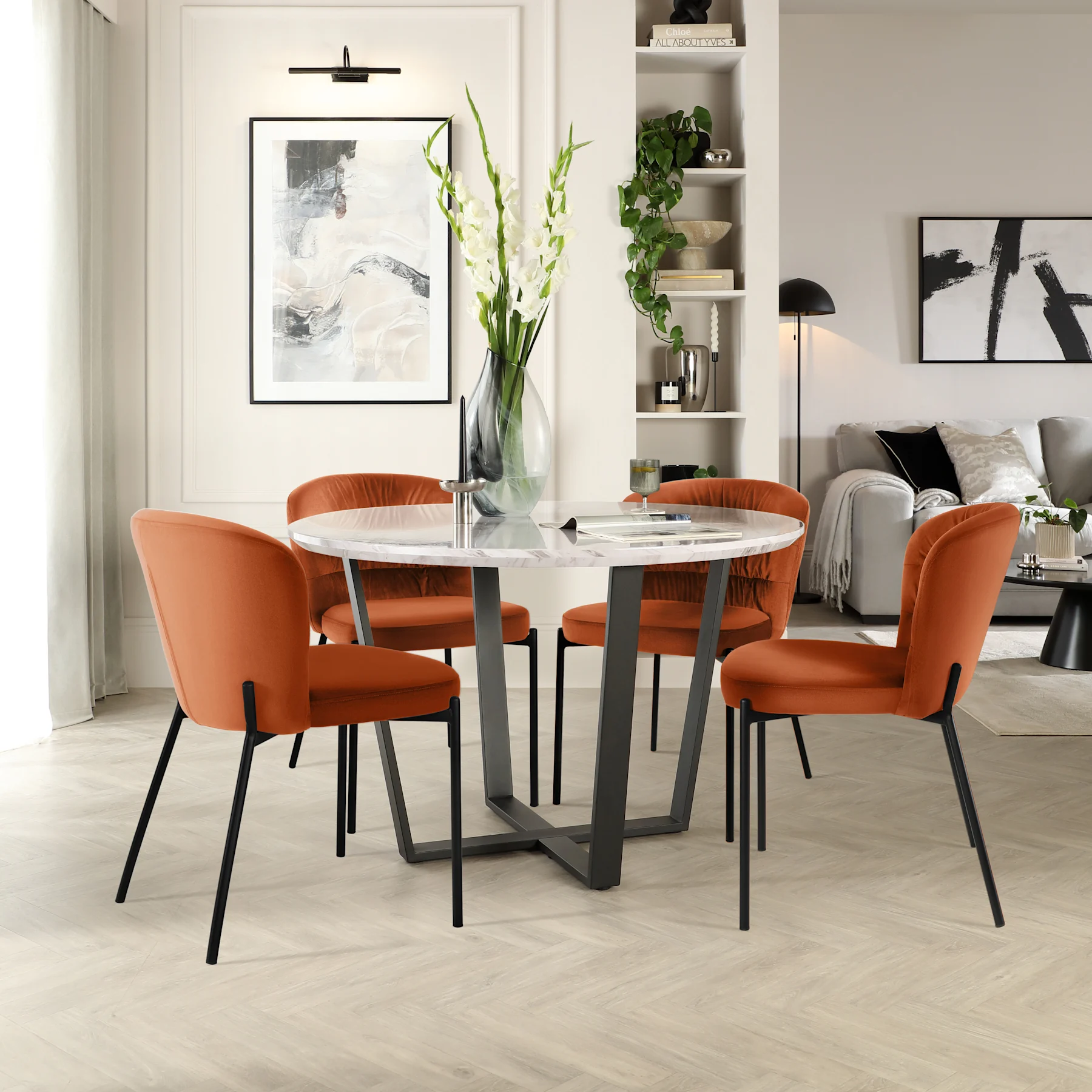 Traviso Round Dining Table & 4 Gianna Chairs, Grey Marble Effect & Black Steel, Burnt Orange Classic Velvet, 120cm