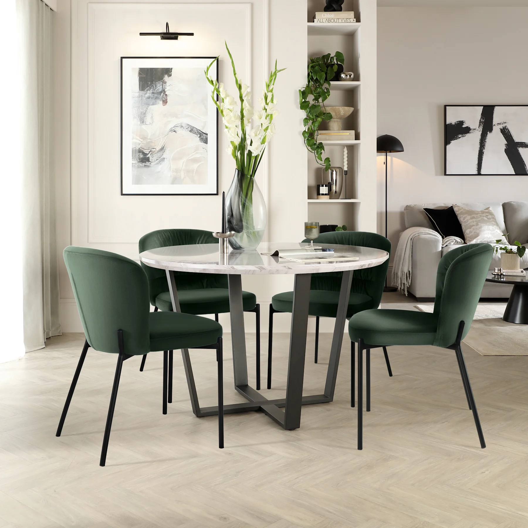 Traviso Round Dining Table & 2 Gianna Chairs, Grey Marble Effect & Black Steel, Moss Green Classic Velvet, 120cm