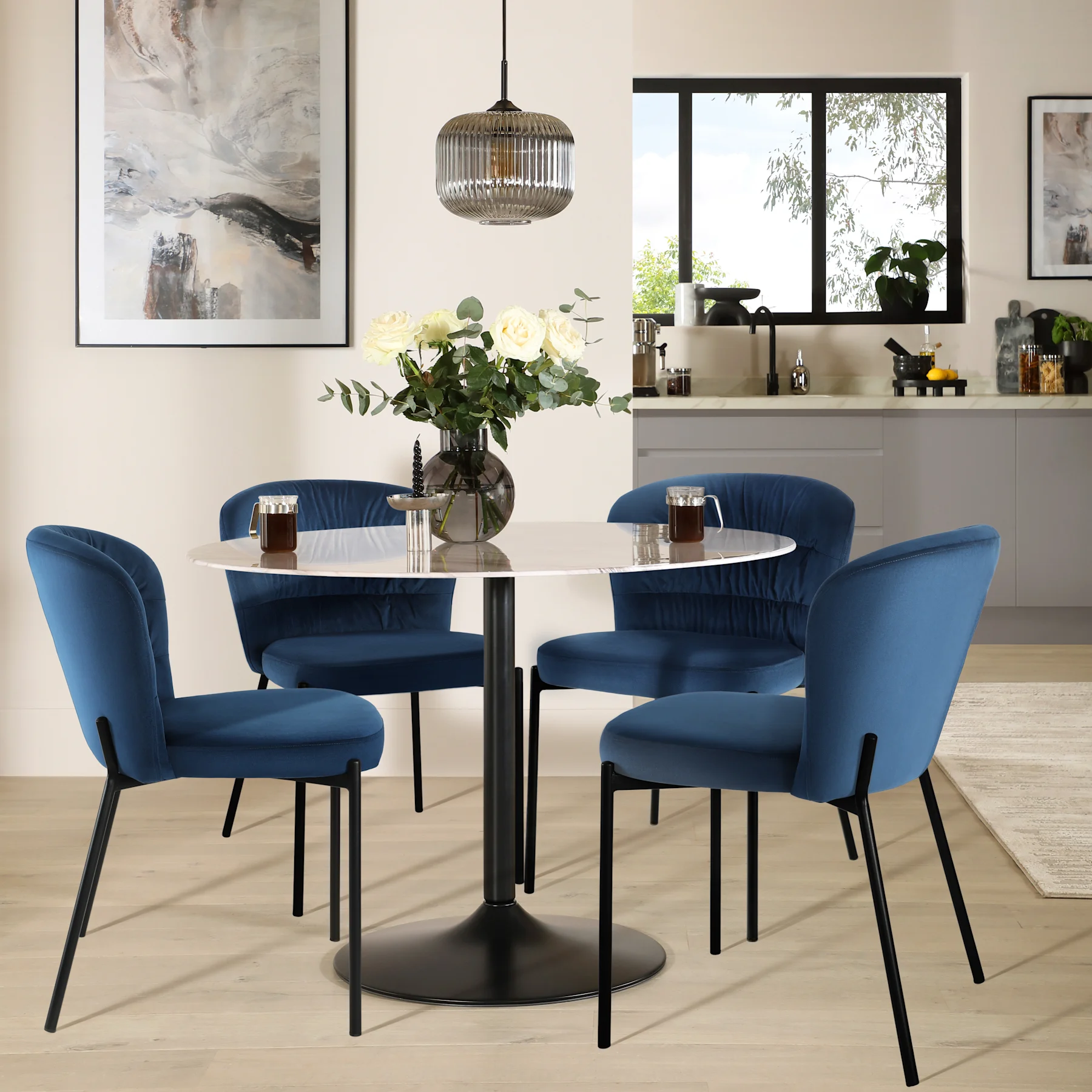 Orbit Round Dining Table & 4 Gianna Chairs, Grey Marble Effect & Black Steel, Blue Classic Velvet, 110cm