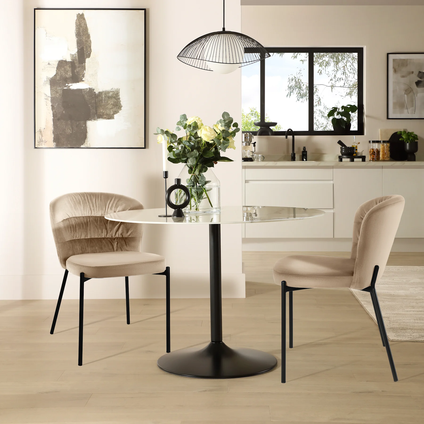 Orbit Round Dining Table & 2 Gianna Chairs, White Marble Effect & Black Steel, Champagne Classic Velvet, 110cm