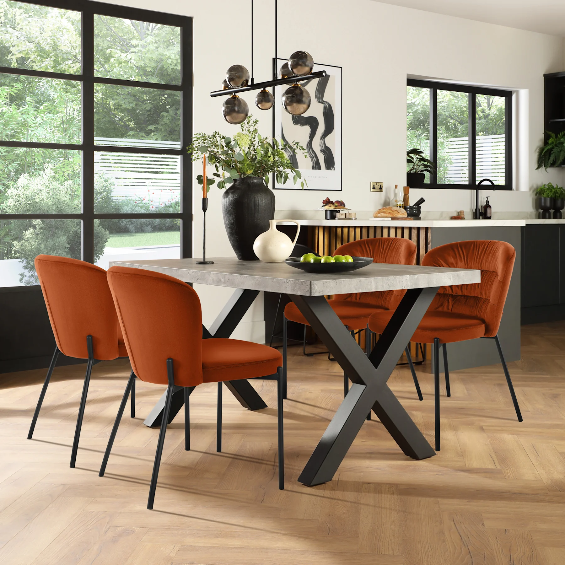 Franklin Industrial Dining Table & 4 Gianna Chairs, Grey Concrete Effect & Black Steel, Burnt Orange Classic Velvet, 150cm