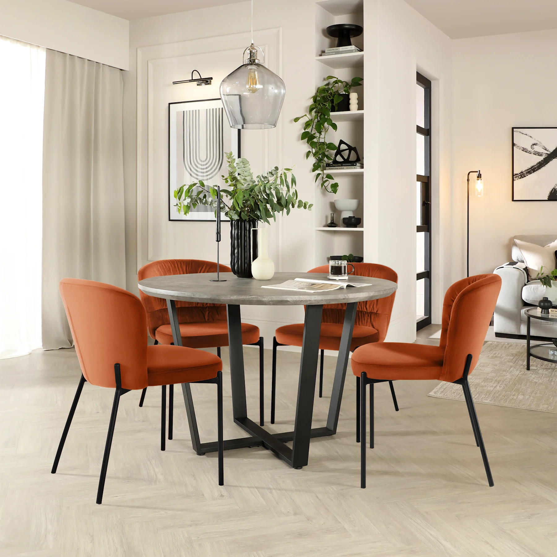 Traviso Round Industrial Dining Table & 2 Gianna Chairs, Concrete Marble Effect & Black Steel, Burnt Orange Classic Velvet, 120cm