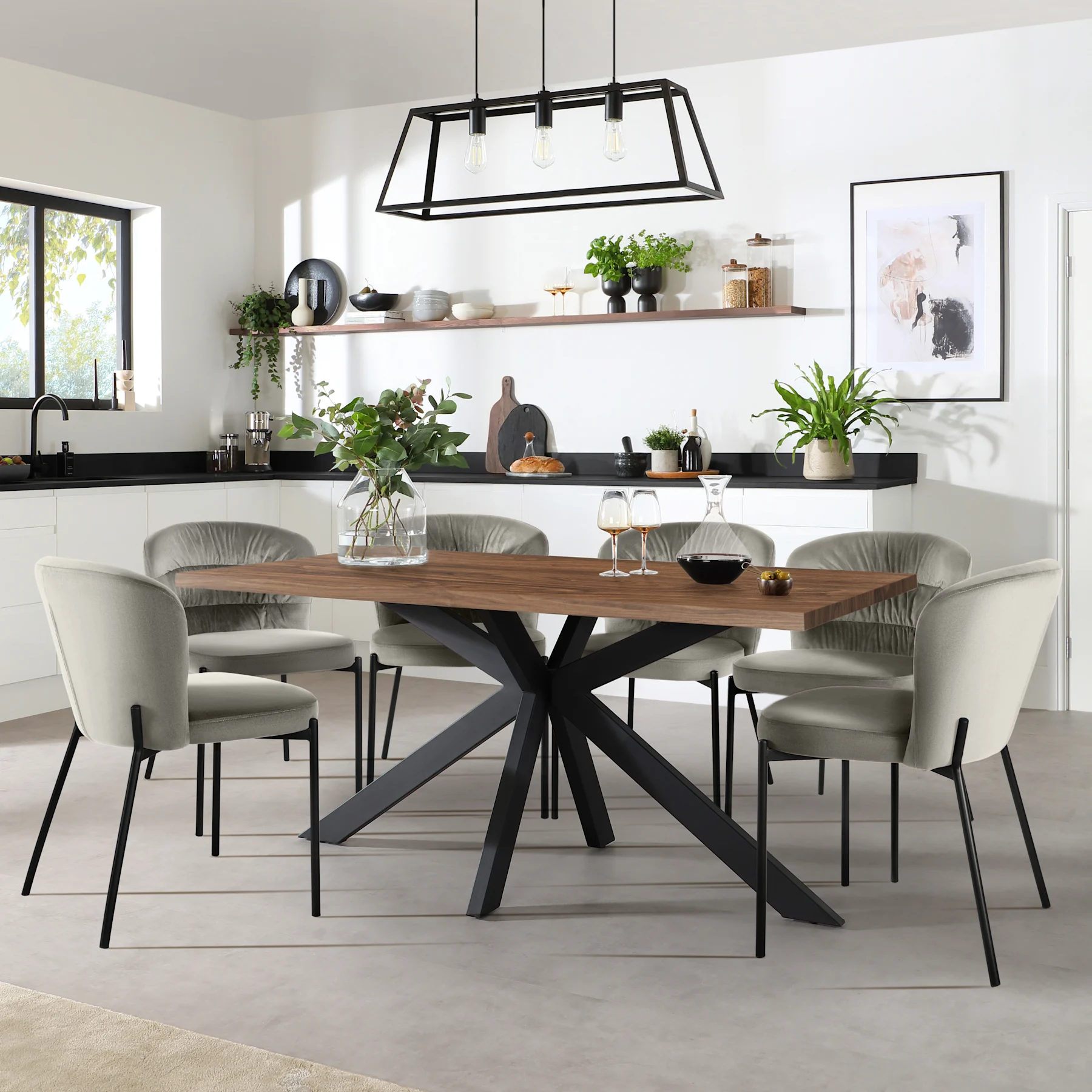 Madison Industrial Dining Table & 4 Gianna Chairs, Walnut Effect & Black Steel, Grey Classic Velvet, 160cm