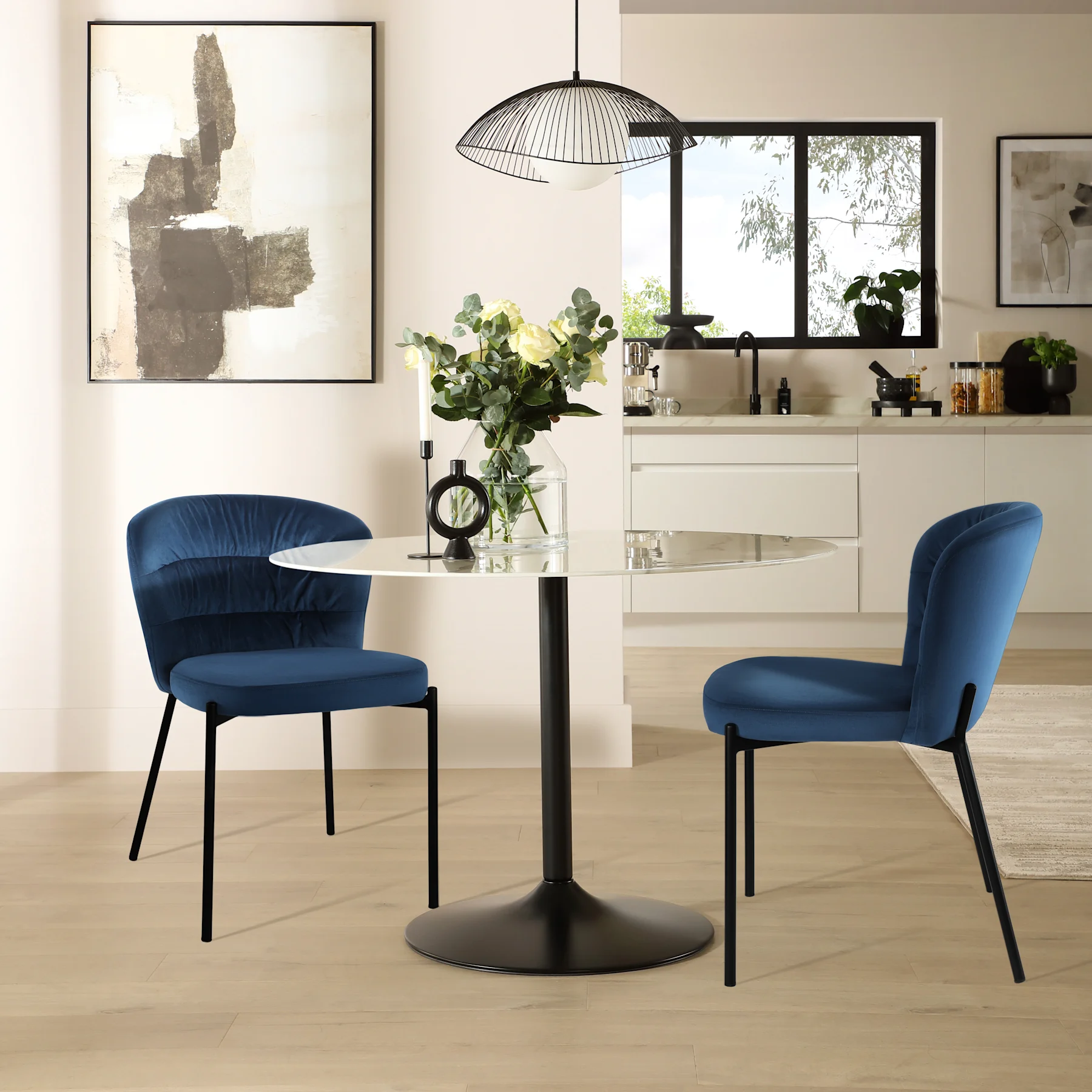 Orbit Round Dining Table & 2 Gianna Chairs, White Marble Effect & Black Steel, Blue Classic Velvet, 110cm