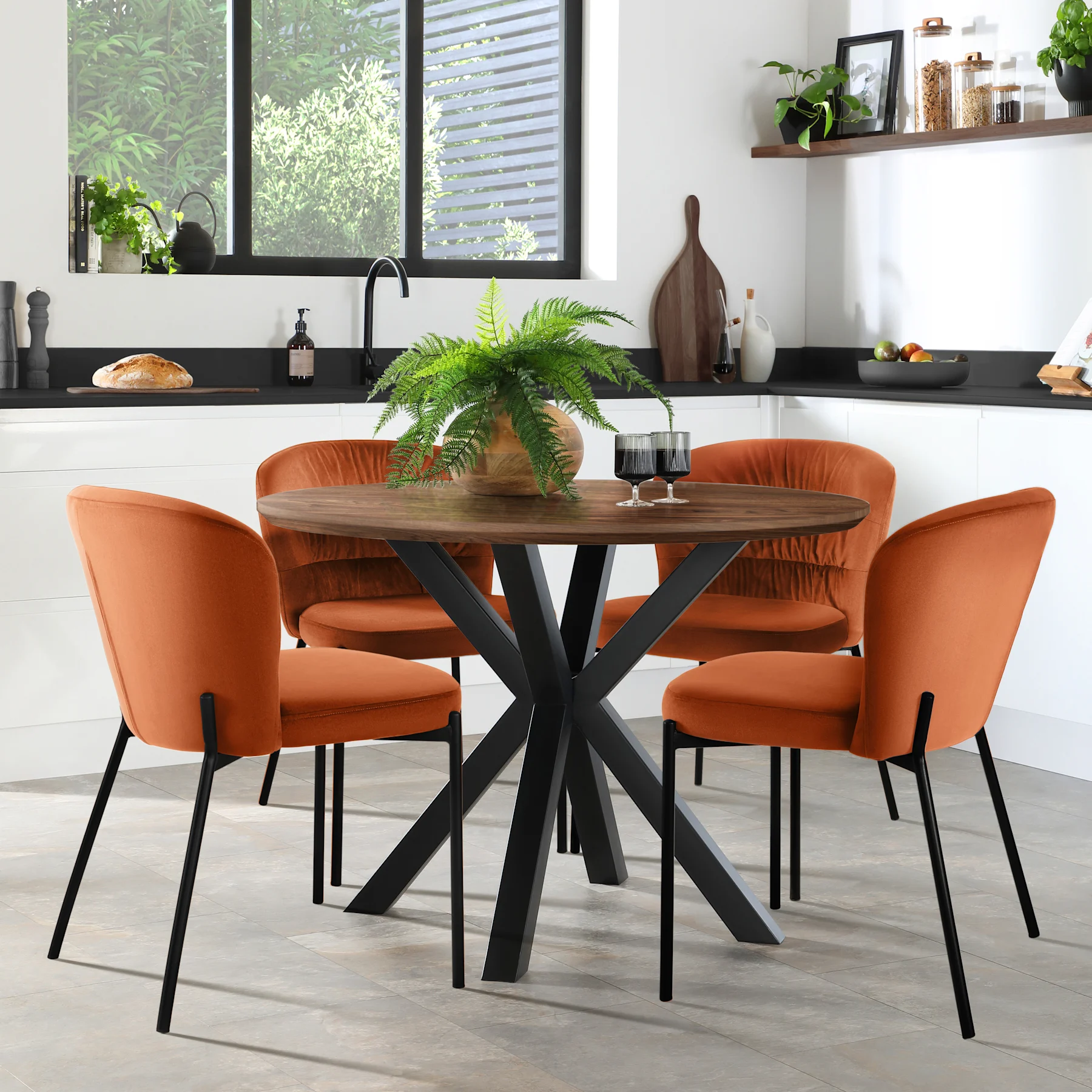Newark Round Industrial Dining Table & 2 Gianna Chairs, Walnut Effect & Black Steel, Burnt Orange Classic Velvet, 110cm