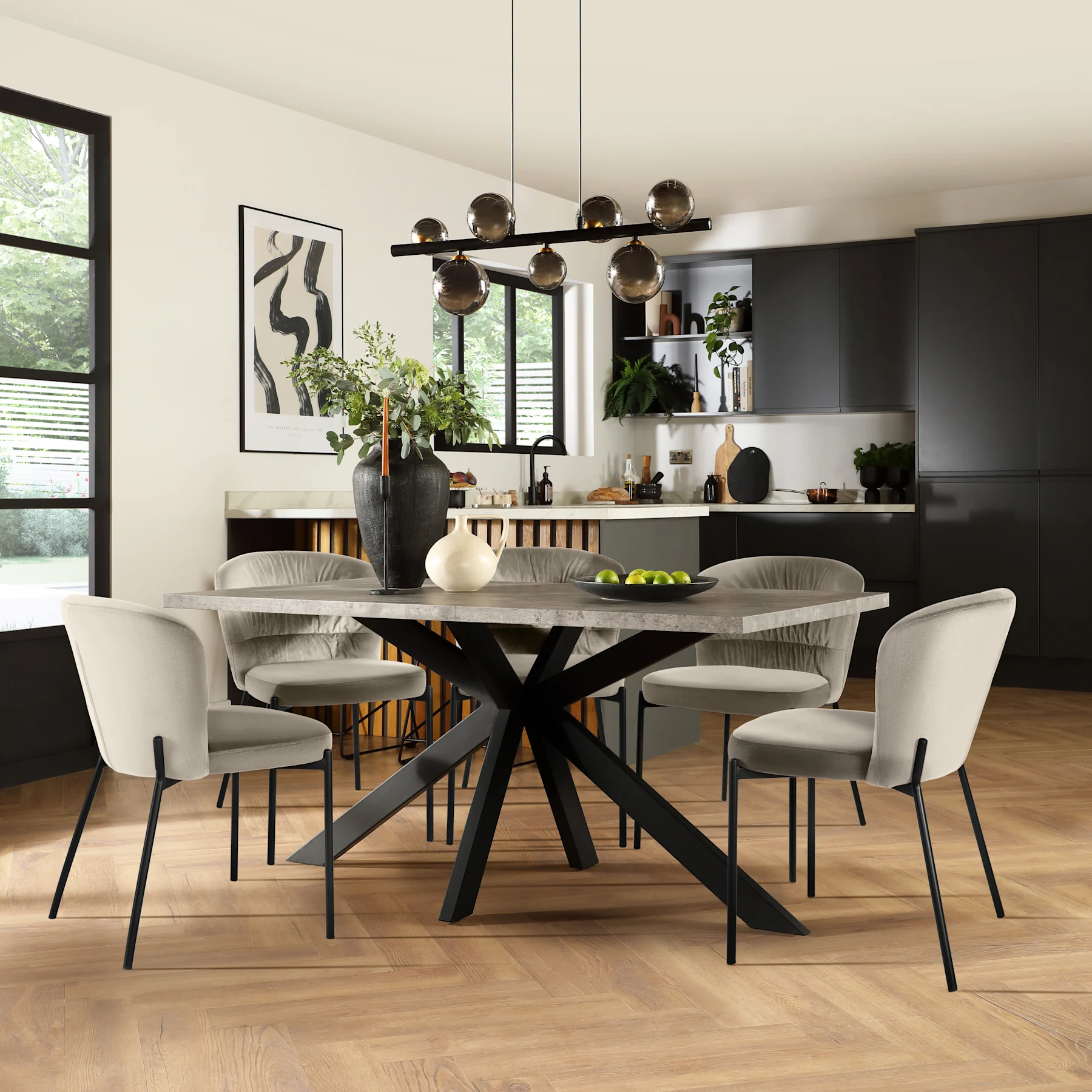 Madison Industrial Dining Table & 4 Gianna Chairs, Grey Concrete Effect & Black Steel, Grey Classic Velvet, 160cm
