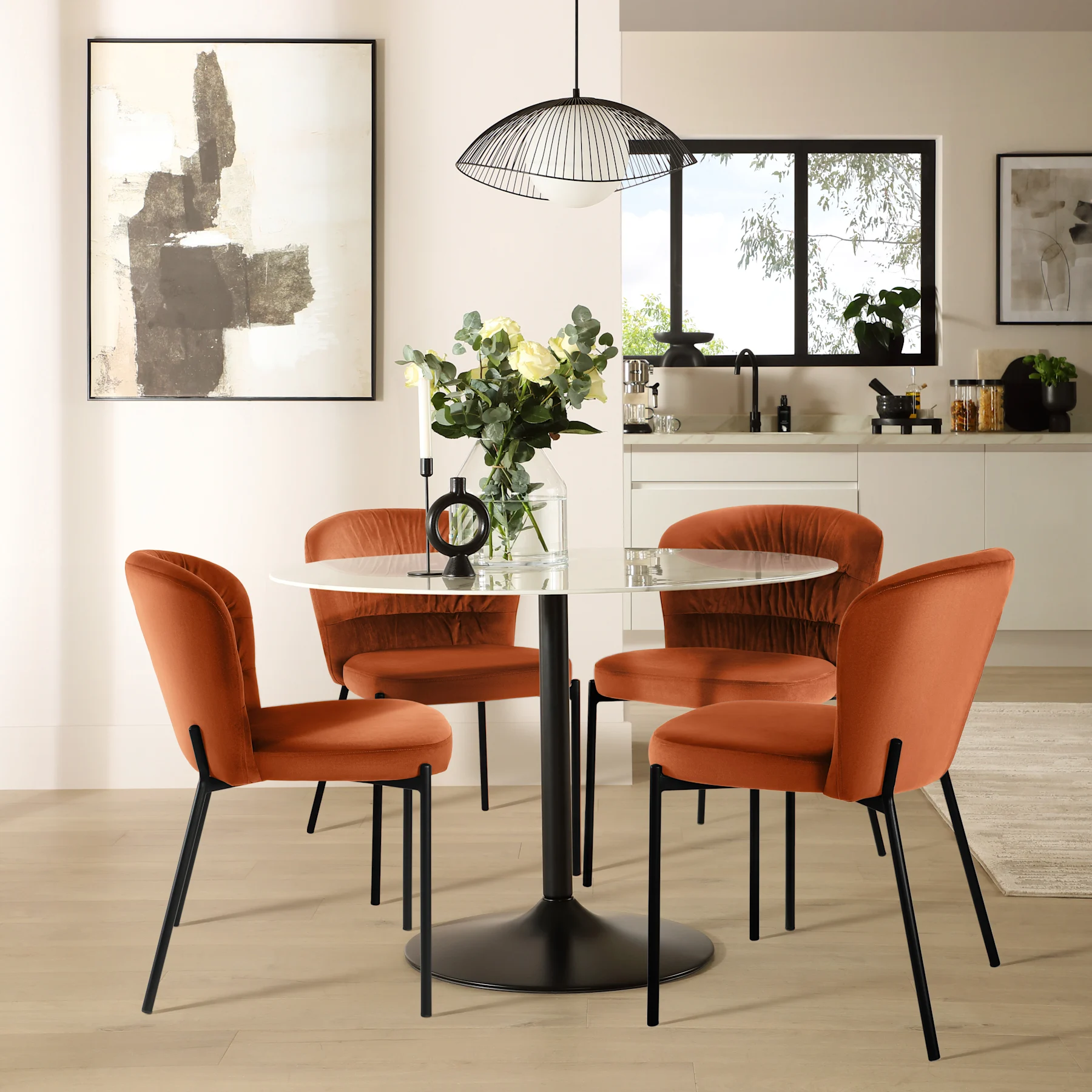 Orbit Round Dining Table & 4 Gianna Chairs, White Marble Effect & Black Steel, Burnt Orange Classic Velvet, 110cm