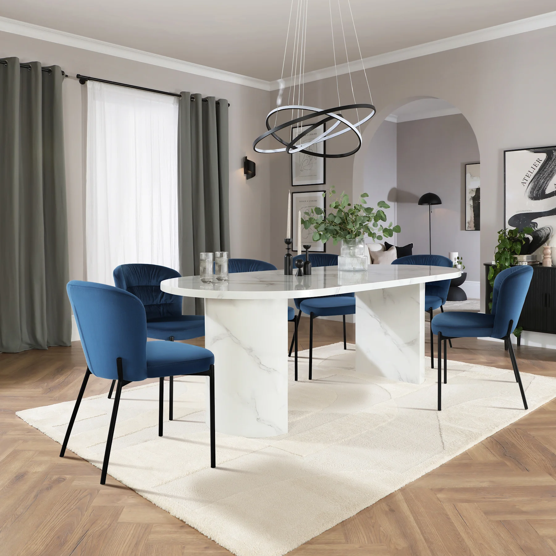 Genoa Oval Dining Table & 6 Gianna Chairs, White Marble Effect, Blue Classic Velvet & Black Steel, 220cm