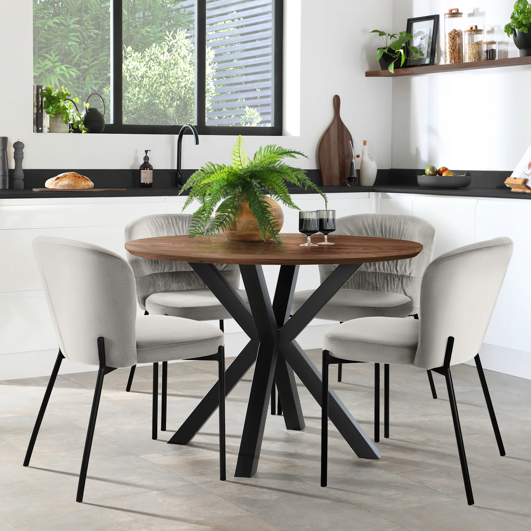 Newark Round Industrial Dining Table & 4 Gianna Chairs, Walnut Effect & Black Steel, Grey Classic Velvet, 110cm