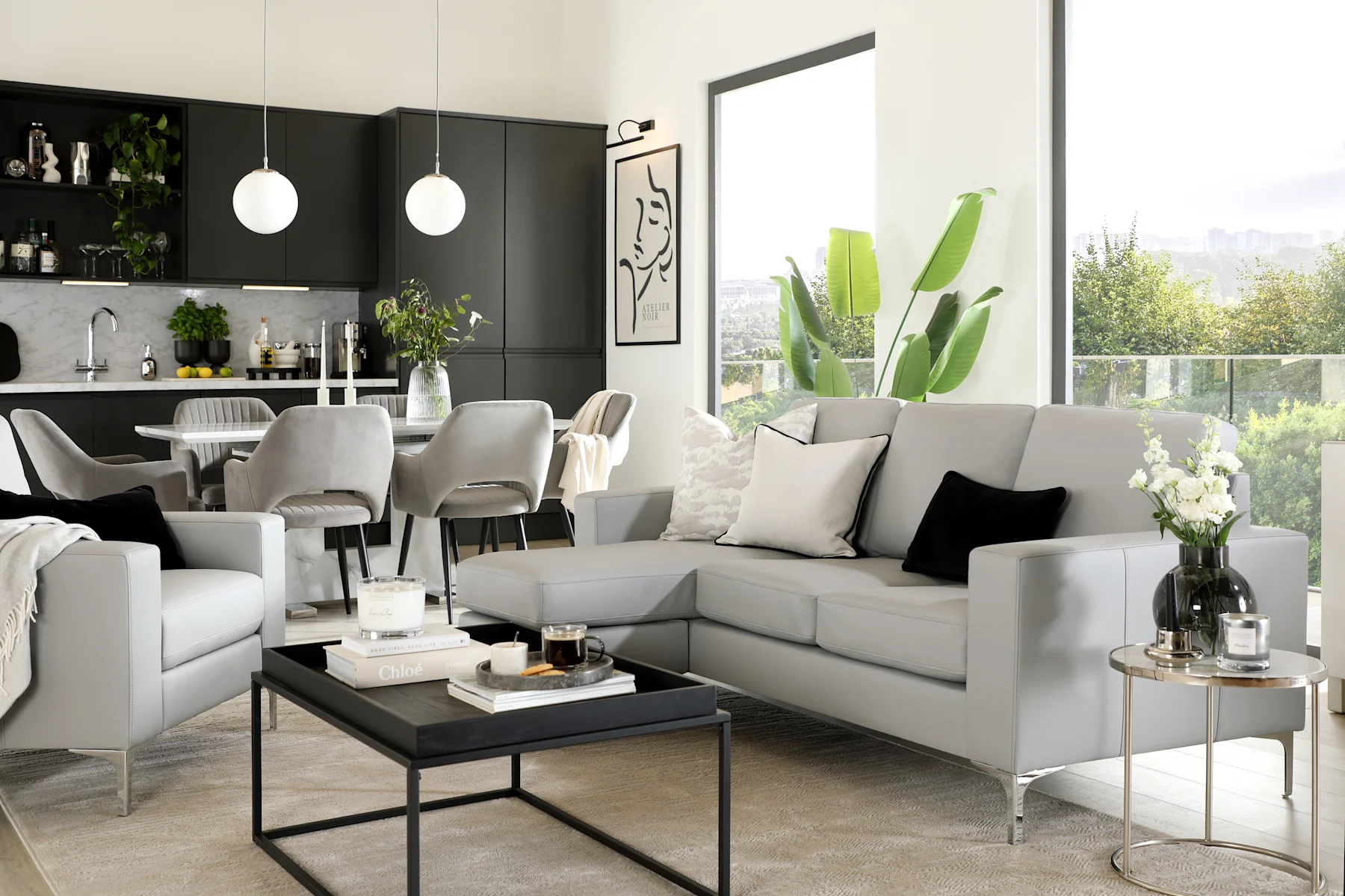 Baltimore L-Shape Light Grey Faux Leather Corner Sofa - Landscape