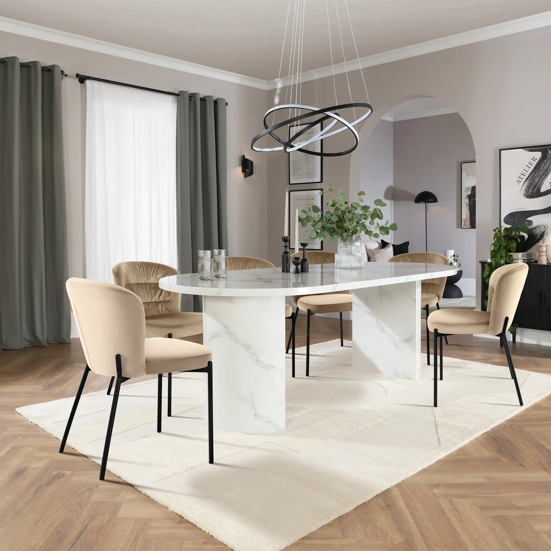 Genoa Oval Dining Table & 6 Gianna Chairs, White Marble Effect, Champagne Classic Velvet & Black Steel, 220cm