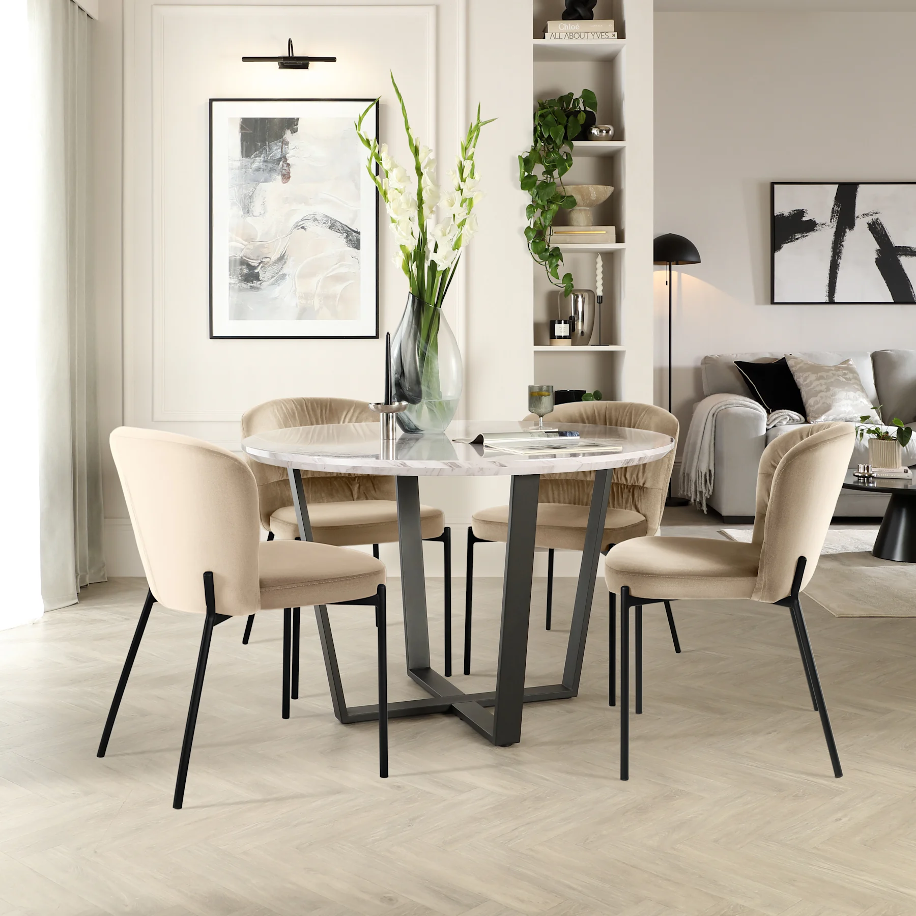 Traviso Round Dining Table & 4 Gianna Chairs, Grey Marble Effect & Black Steel, Champagne Classic Velvet, 120cm