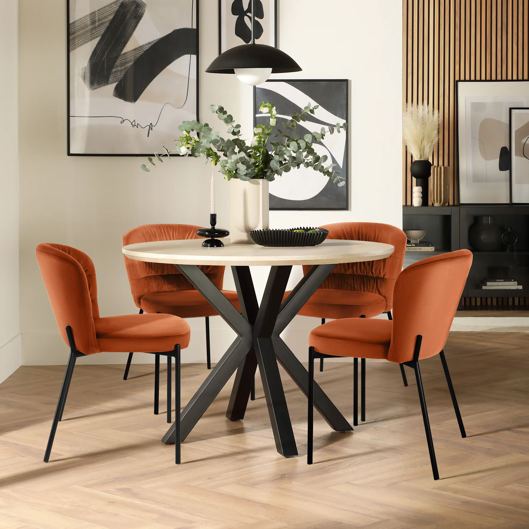 Newark Round Dining Table & 2 Gianna Chairs, Light Oak Effect & Black Steel, Burnt Orange Classic Velvet, 110cm