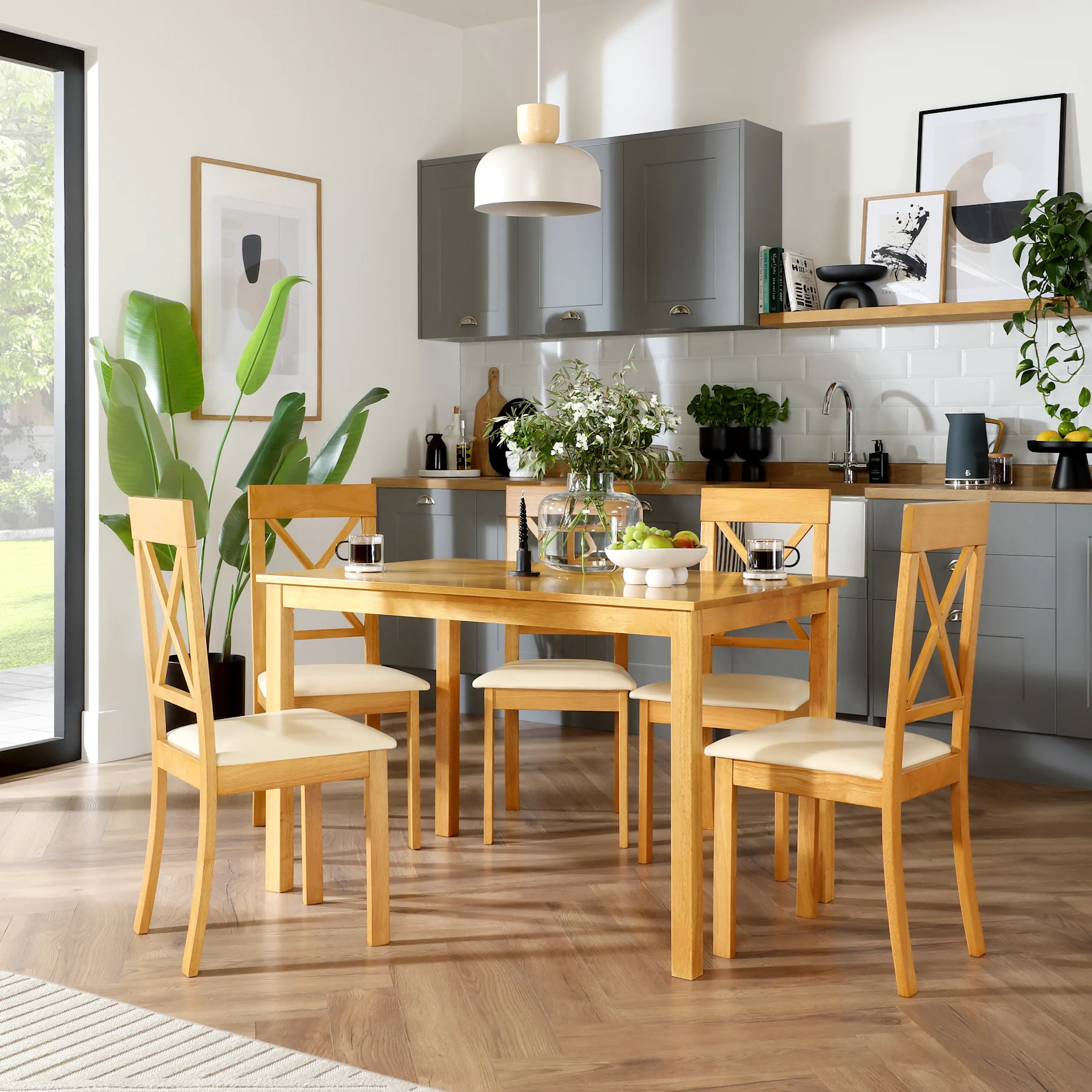 Milton Dining Table & 6 Kendal Chairs, Natural Oak Finished Solid Hardwood, Ivory Classic Faux Leather, 120cm