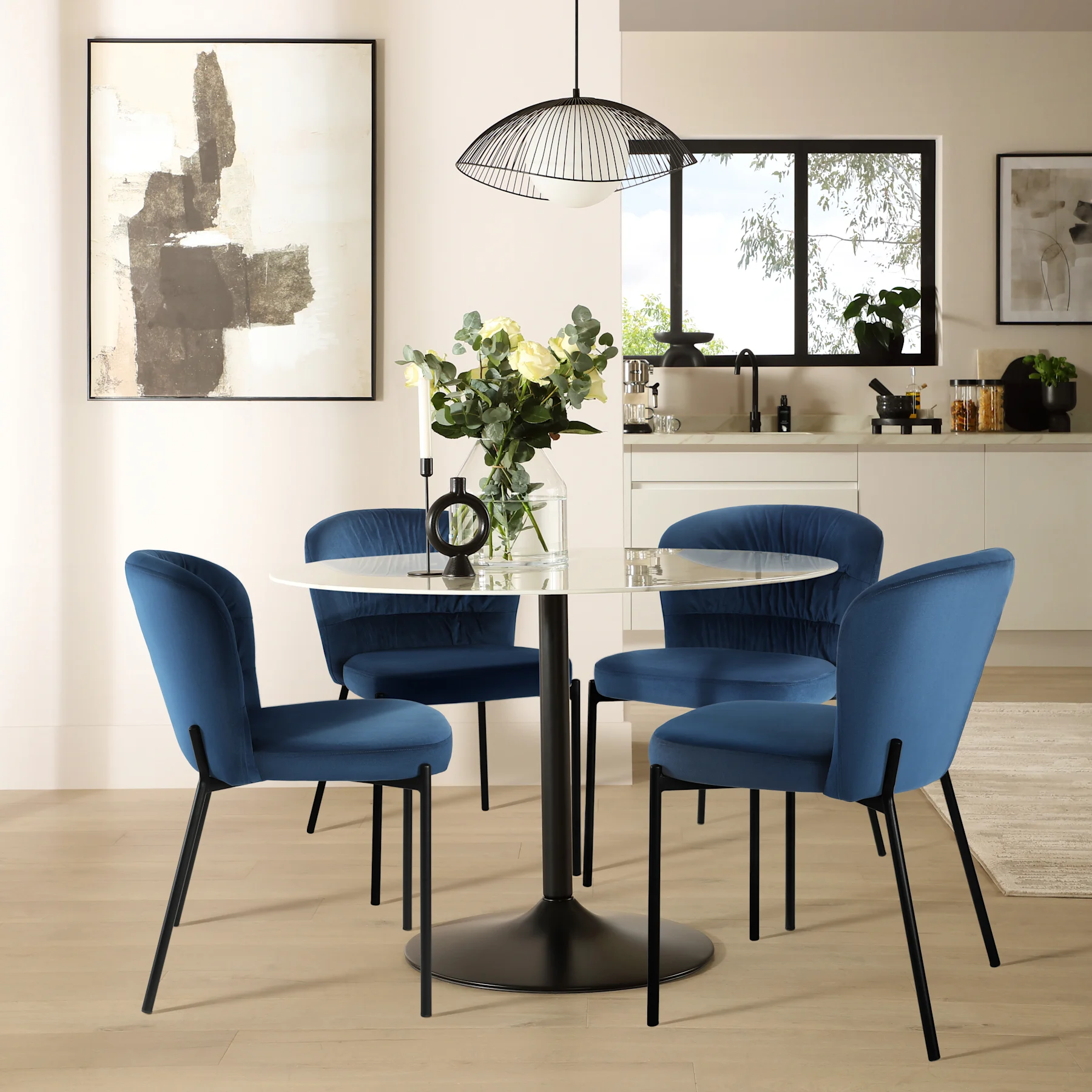 Orbit Round Dining Table & 4 Gianna Chairs, White Marble Effect & Black Steel, Blue Classic Velvet, 110cm