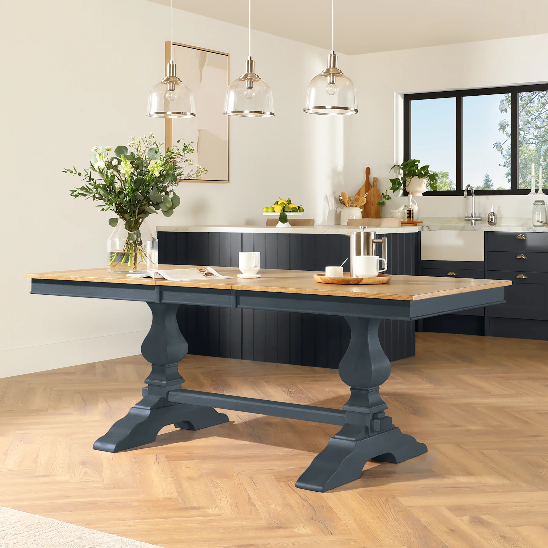 Cavendish Extending Dining Table, 150-200cm, Natural Oak Veneer & Slate Blue Solid Hardwood