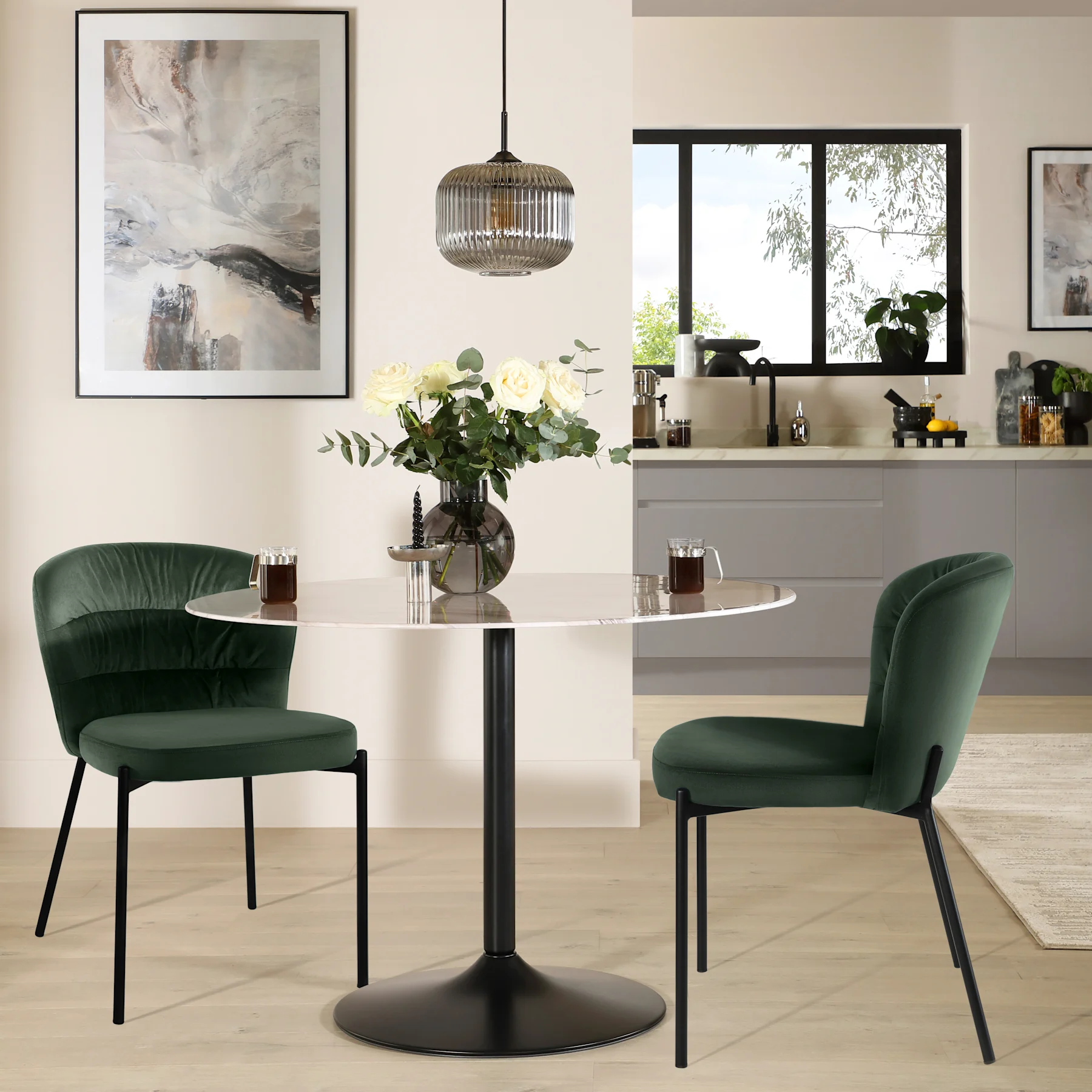 Orbit Round Dining Table & 2 Gianna Chairs, Grey Marble Effect & Black Steel, Moss Green Classic Velvet, 110cm