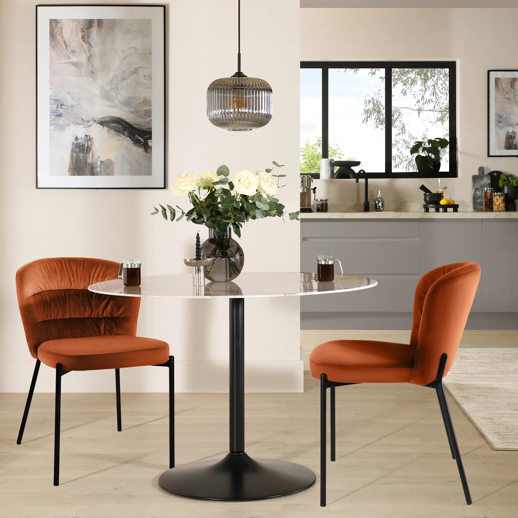 Orbit Round Dining Table & 2 Gianna Chairs, Grey Marble Effect & Black Steel, Burnt Orange Classic Velvet, 110cm