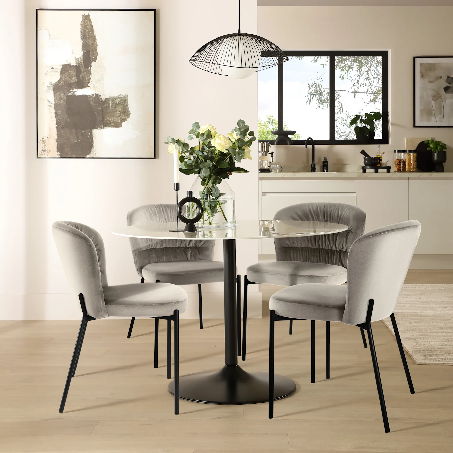 Orbit Round Dining Table & 4 Gianna Chairs, White Marble Effect & Black Steel, Grey Classic Velvet, 110cm