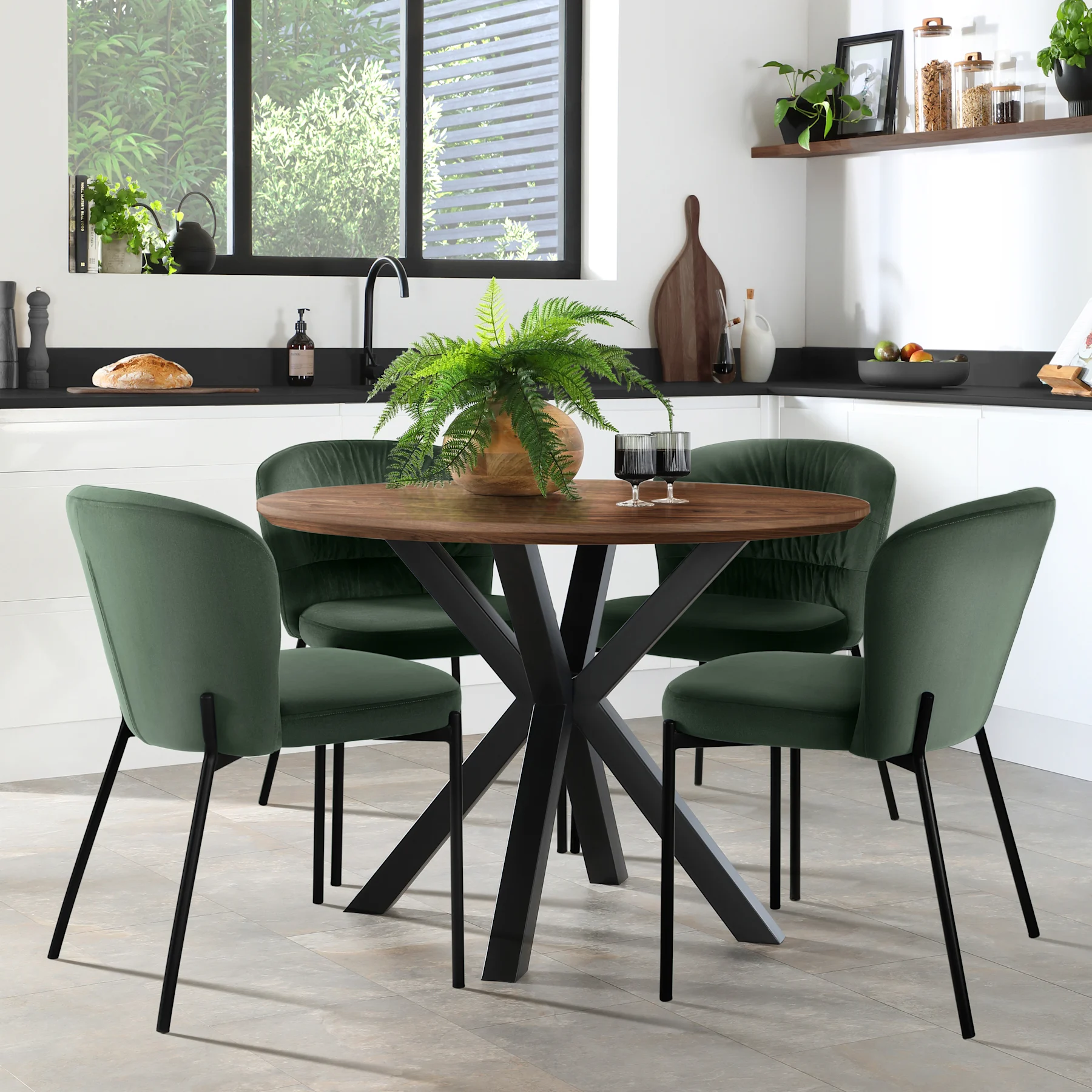 Newark Round Industrial Dining Table & 4 Gianna Chairs, Walnut Effect & Black Steel, Moss Green Classic Velvet, 110cm