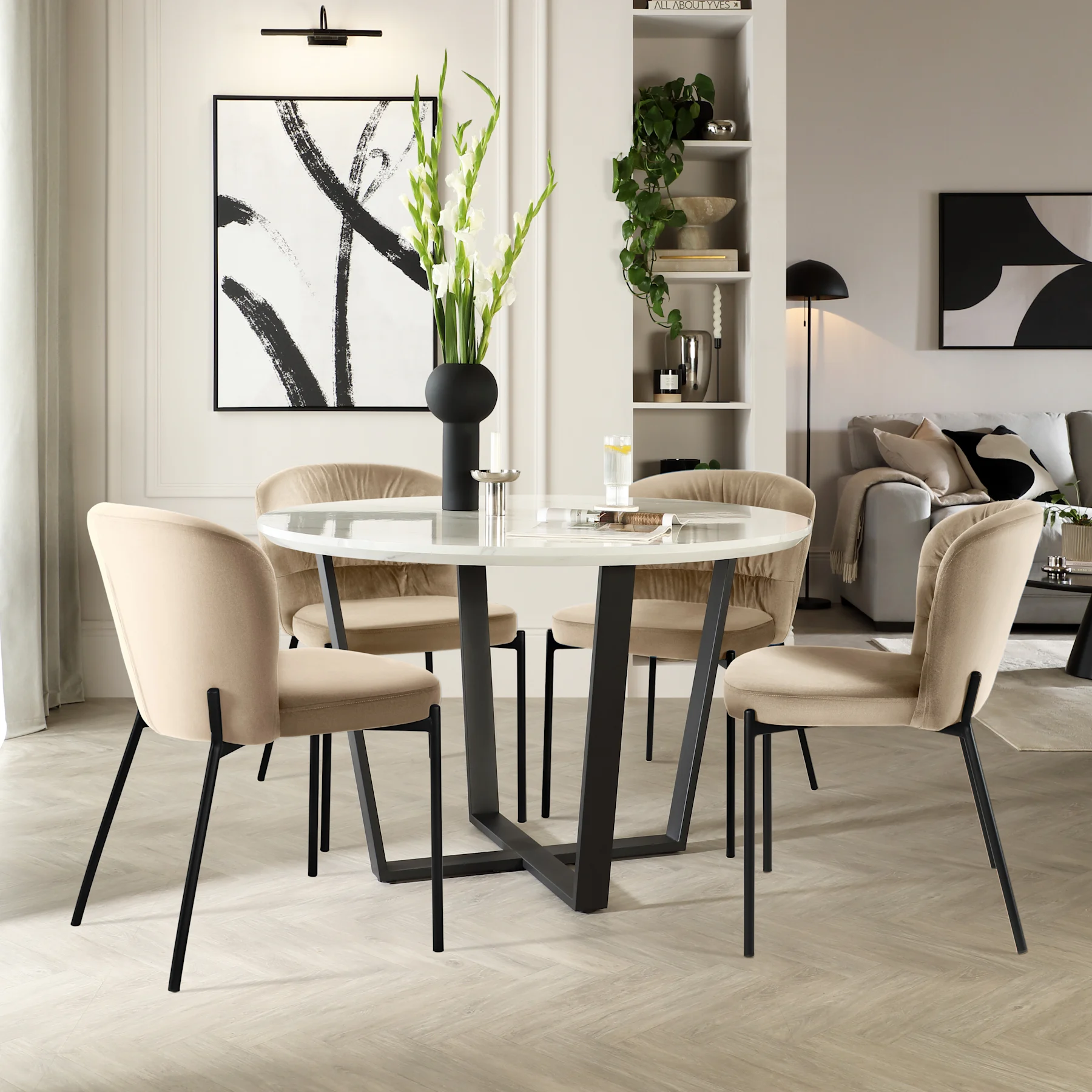 Traviso Round Dining Table & 4 Gianna Chairs, White Marble Effect & Black Steel, Champagne Classic Velvet, 120cm