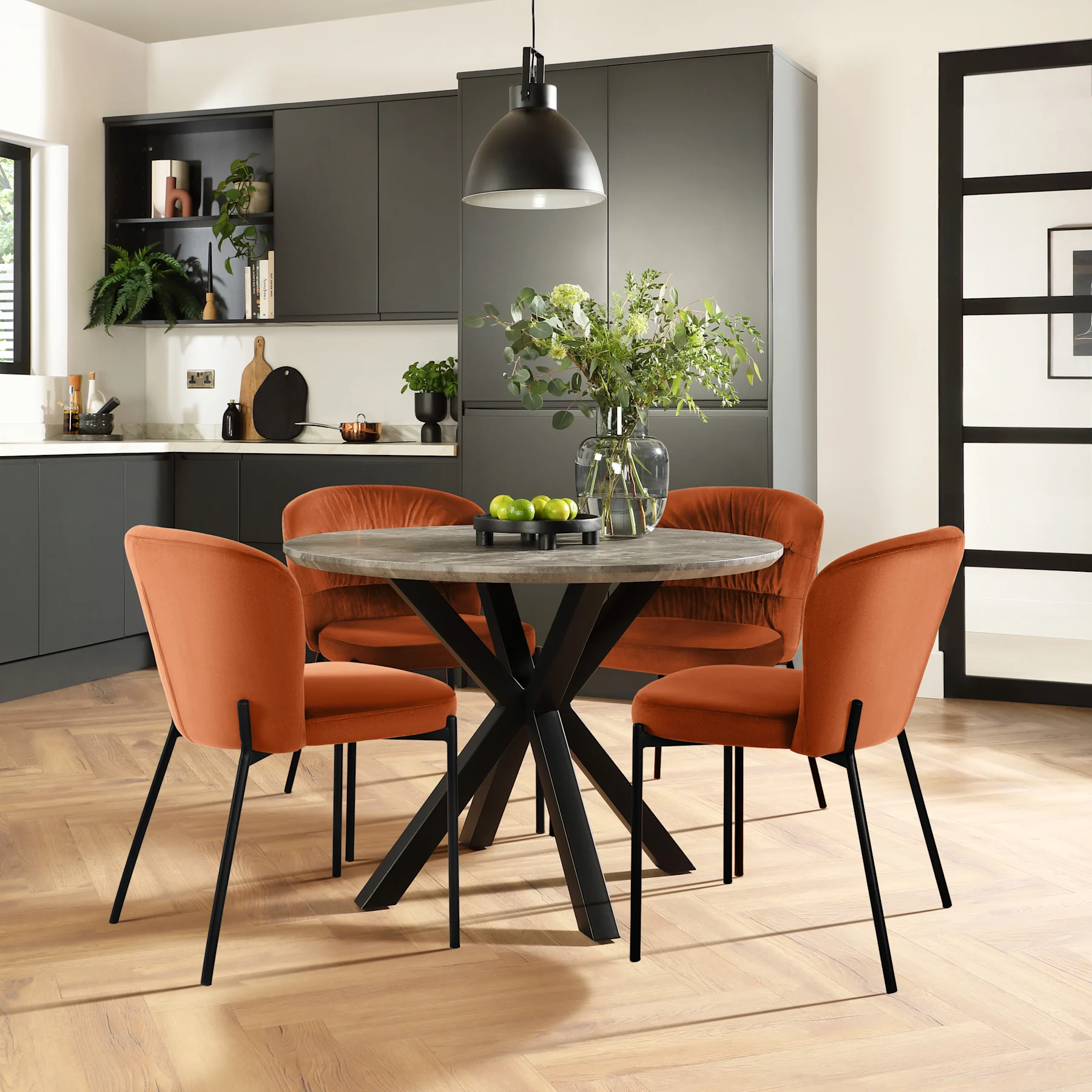 Newark Round Industrial Dining Table & 2 Gianna Chairs, Grey Concrete Effect & Black Steel, Burnt Orange Classic Velvet, 110cm
