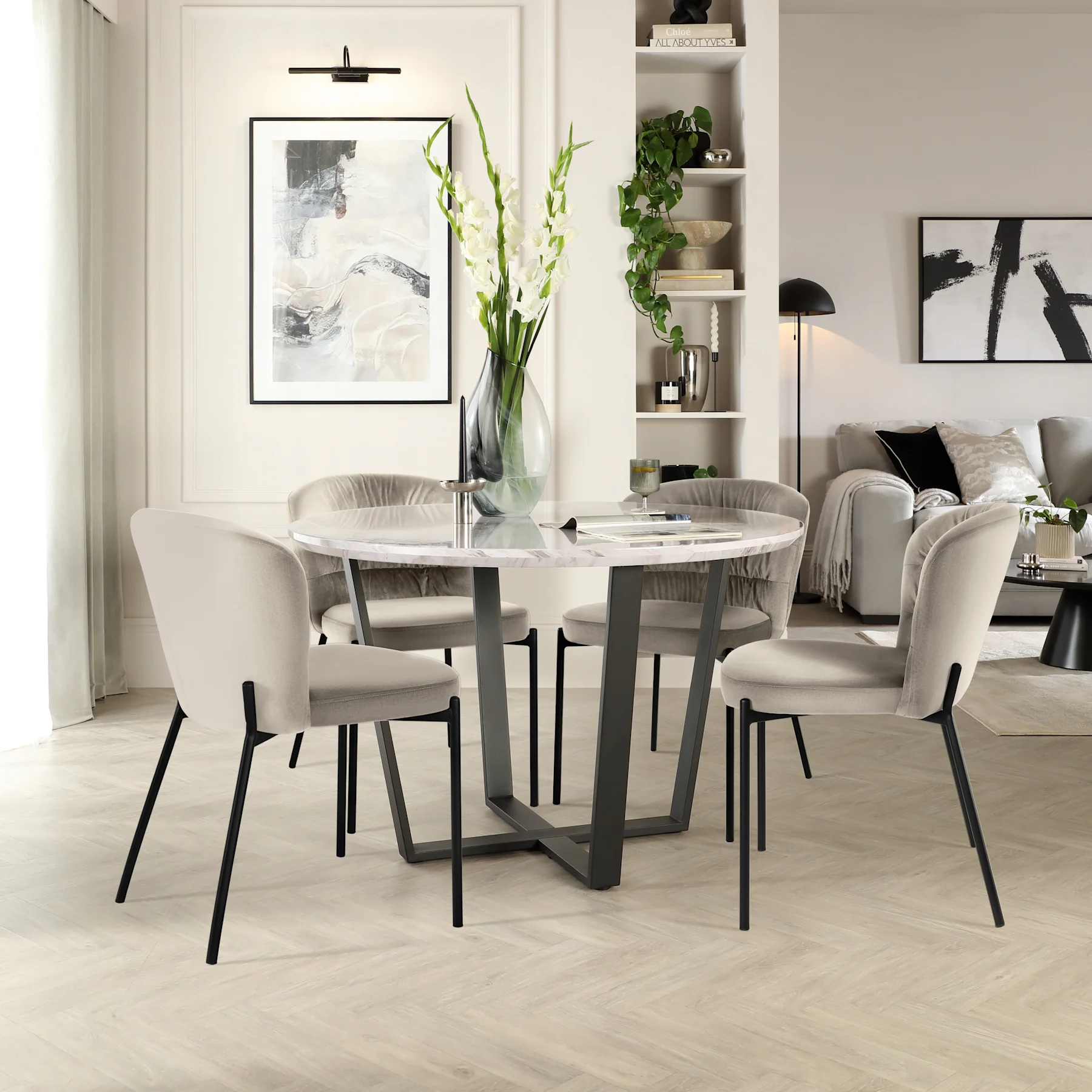 Traviso Round Dining Table & 2 Gianna Chairs, Grey Marble Effect & Black Steel, Grey Classic Velvet, 120cm