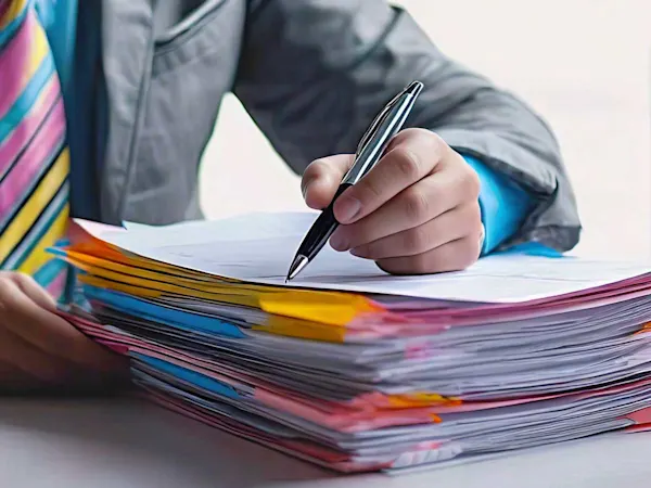 Person writing on a stack of business documents