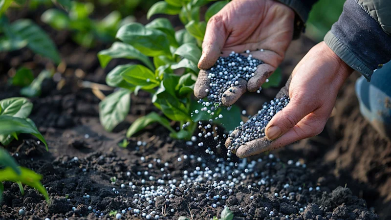 Person scattering polymer encapsulated fertilizer on soil