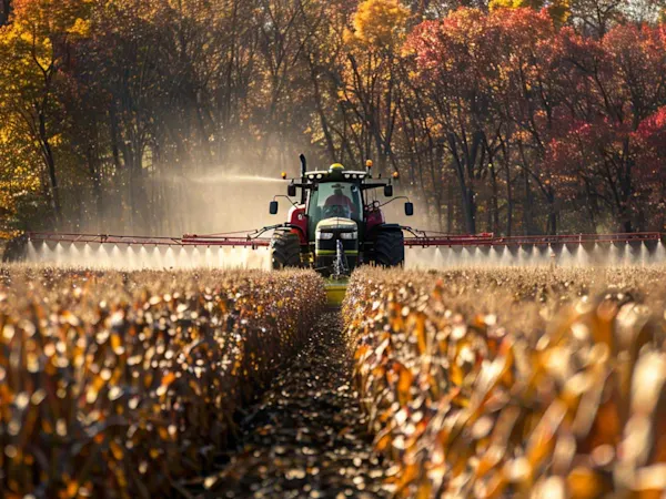 Tractor spraying pesticide in a field
