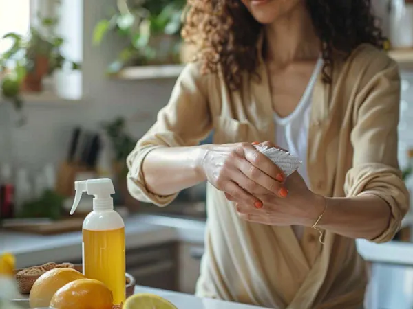 Woman applying disinfectant to her skin