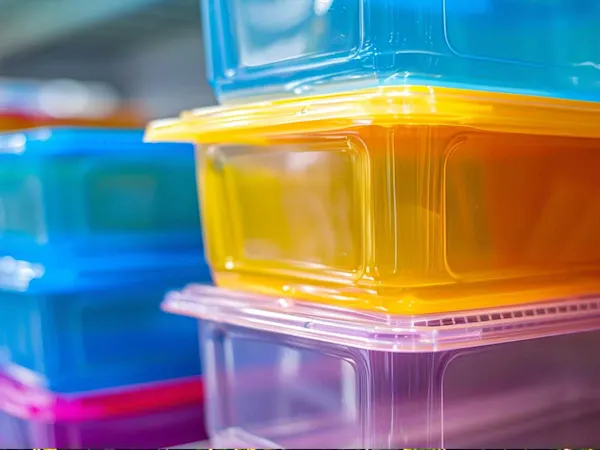 Colourful plastic containers stacked