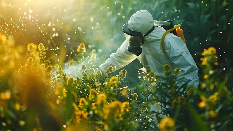 Person spraying pyrinex chlorpyrifos insecticide