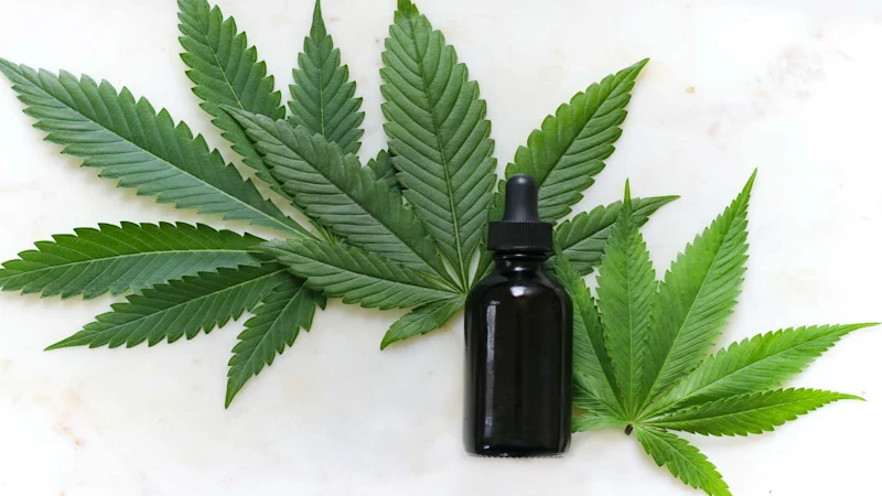 CBD bottle and hemp leaf