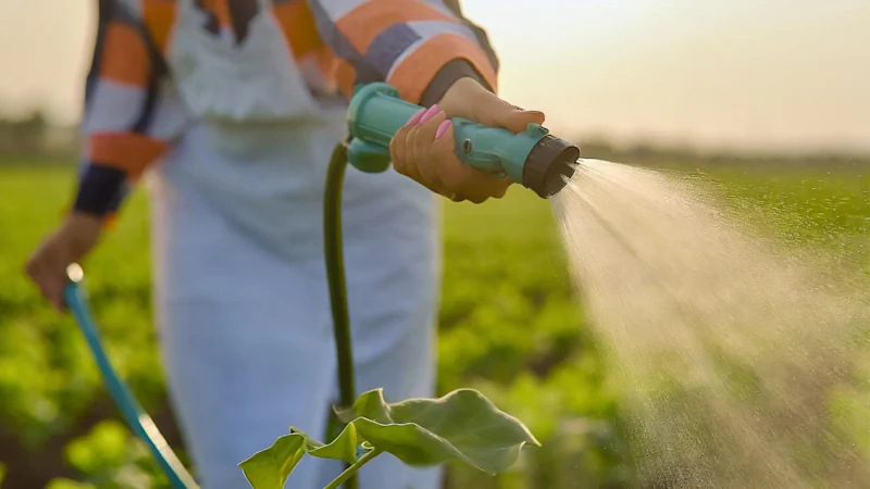 Farmer spraying crops in a green field