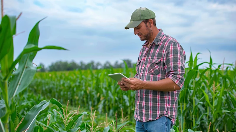 Farm worker in field with digital tablet