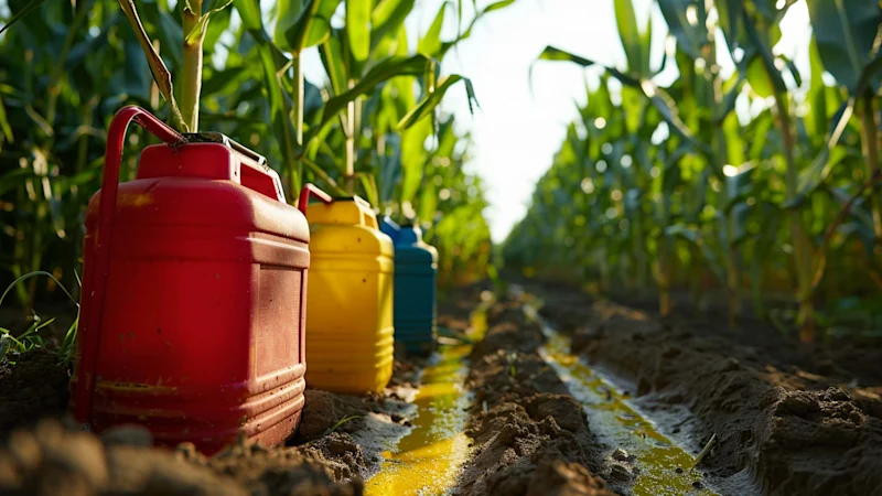 Pesticides in colored jerry cans at corn field