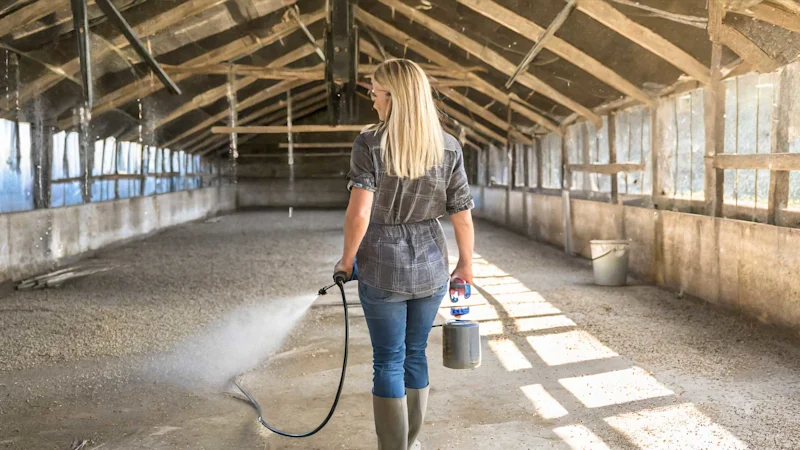 Farmer spraying barn floor